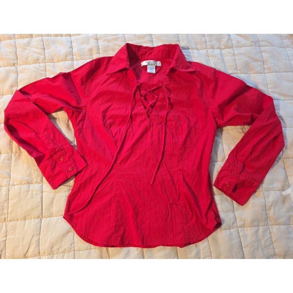 Vintage Red Blouse Lace-up front & Side Zip Long Sleeve Y2K Whimsigoth Grunge